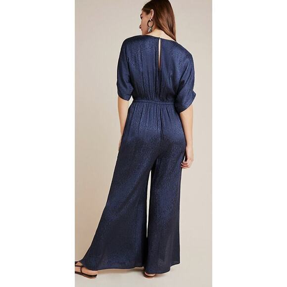 Anthropologie Maeve Jacqueline Jacquard Jumpsuit XS Navy Blue Elegant Night Out - Picture 2 of 16